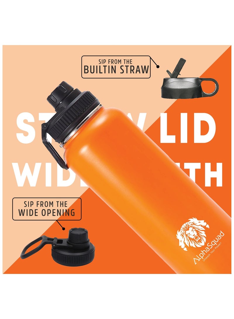 ALPHASQUAD 40Oz / 1200Ml Vacuum Insulated Flask, Double Walled Thermolab Series Stainless Steel Sports Water Bottle With Straw Lid, 2 Lids Included, Hot Cold Thermos, Sports Bottle (Orange) - Image 3